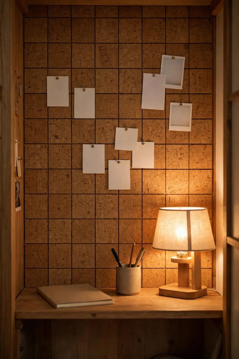 A wall of square cork tiles holding blank pinned cards and blank photo frames, above a wooden desk with a glowing lamp, a pen cup and a closed blank notebook.