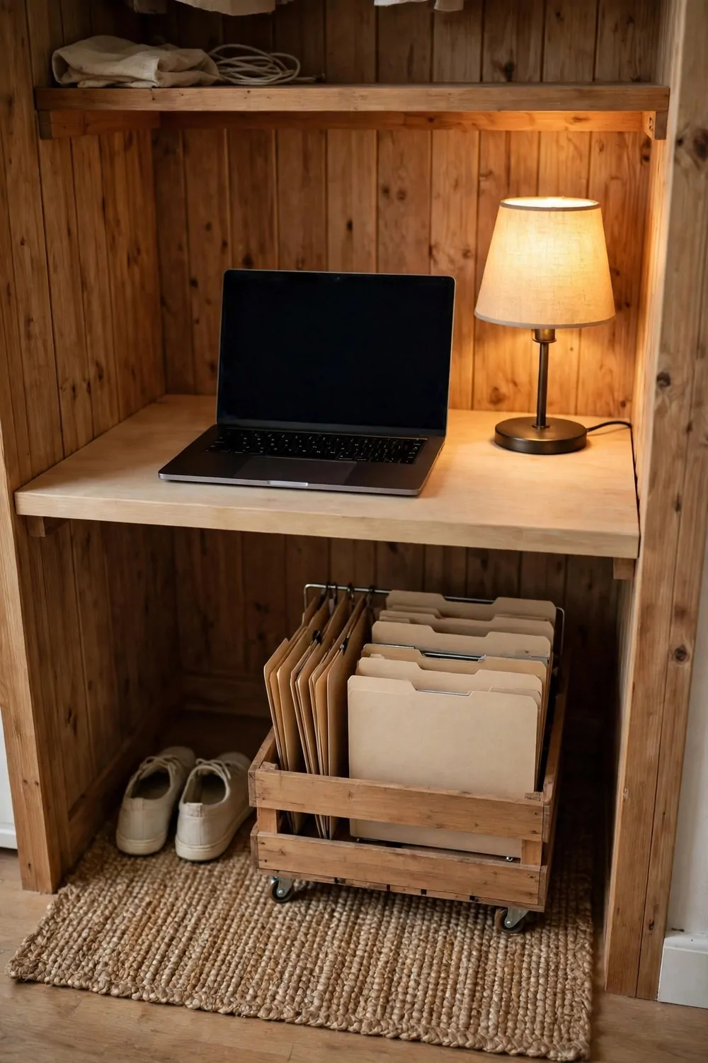 A wooden crate on wheels under a closet desk holding hanging plain folders with blank tabs, with a laptop with a blank dark screen and a glowing lamp on the desk above and a pair of plain shoes on a woven rug beside it.