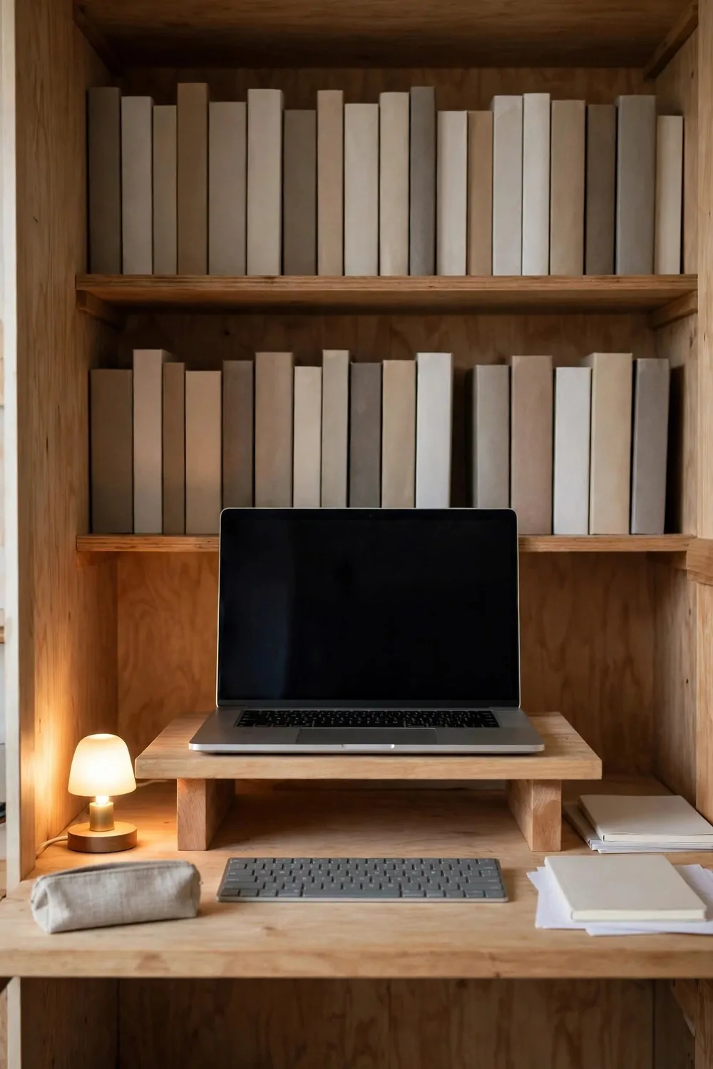 A laptop with a blank dark screen on a wooden monitor riser made from a board on two wooden blocks, with a slim wireless keyboard below, a small glowing lamp, and shelves of plain blank-spined books behind.