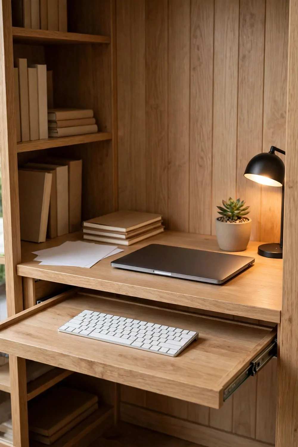 A wooden pull-out keyboard tray on metal slides holding a slim white wireless keyboard, under a desk with a closed laptop, a small potted succulent, a glowing black lamp and a stack of blank books.