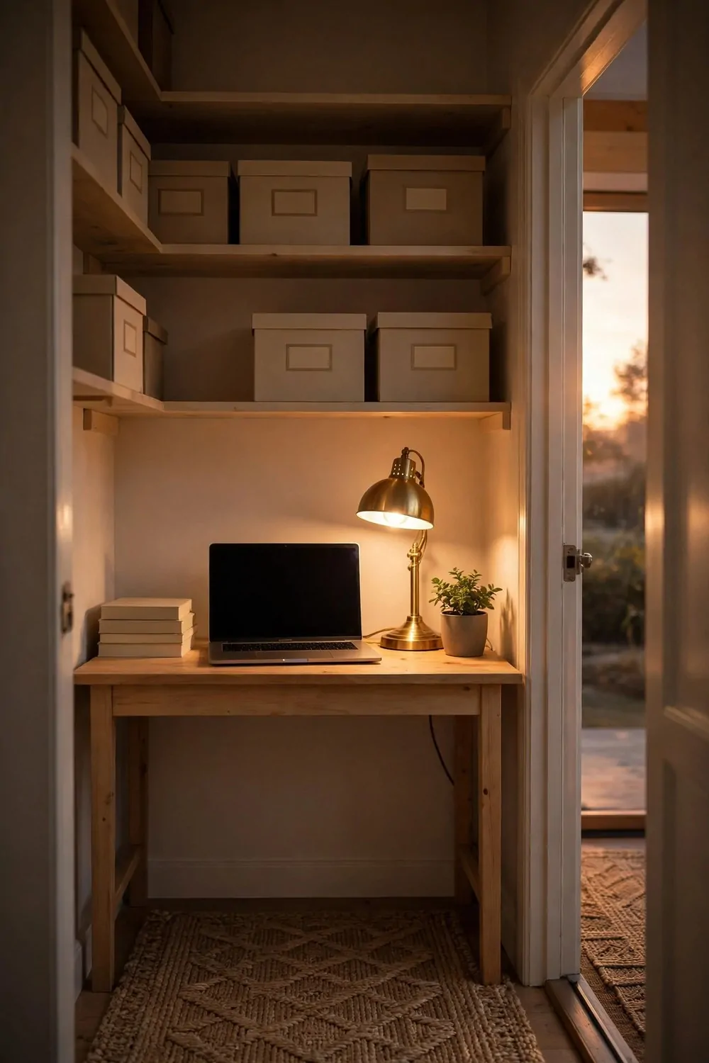 A tidy closet office seen from the doorway with a wooden desk holding a laptop with a blank dark screen, a glowing brass lamp, a small potted plant and a stack of blank books, with plain labelled storage boxes with blank labels on shelves above and a woven rug below.