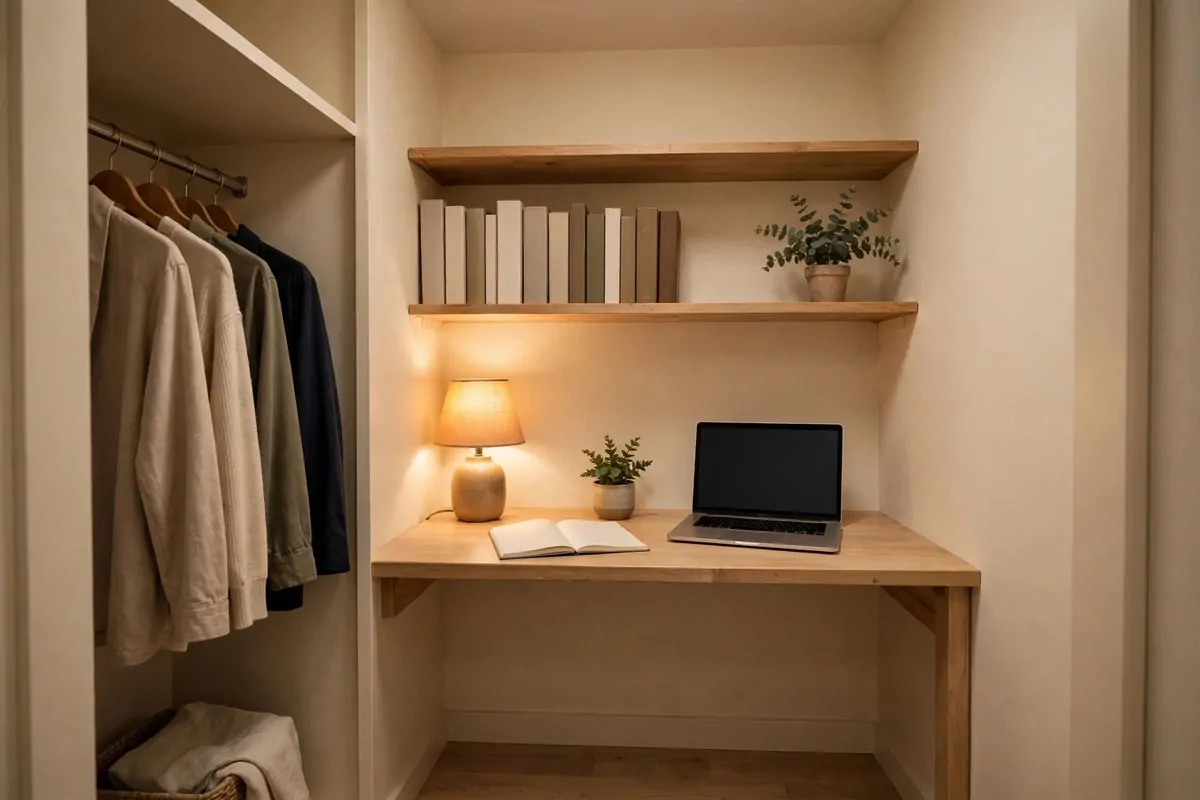 Wide view of a small walk-in closet office with cream walls: plain clothes in beige, olive and navy hang on a rail at the left with a wicker basket below; a light wood desk spans the back wall holding a glowing table lamp, a small potted plant, an open blank notebook, and a laptop with a blank dark screen; two wood shelves above it, the lower one holding plain blank-spined books and a potted eucalyptus plant.