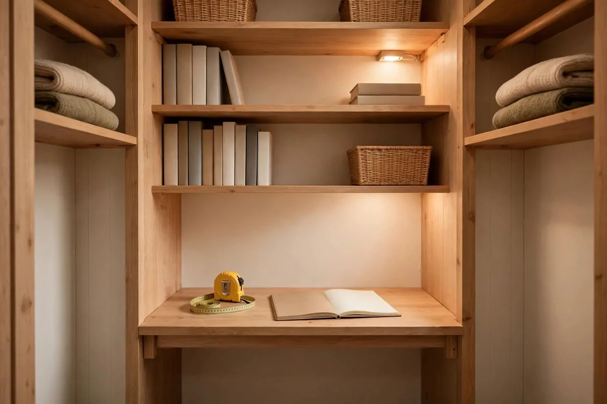 18 Closet Office Ideas Small Walk In Setups That Actually Fit 1 A light wood desk fitted wall to wall inside a closet alcove, with a yellow tape measure and its coiled tape on the left of the desk and an open blank notebook on the right; wood shelves above hold plain blank-spined books, stacked books and wicker baskets, with folded blankets on side shelves and a warm under-shelf light.