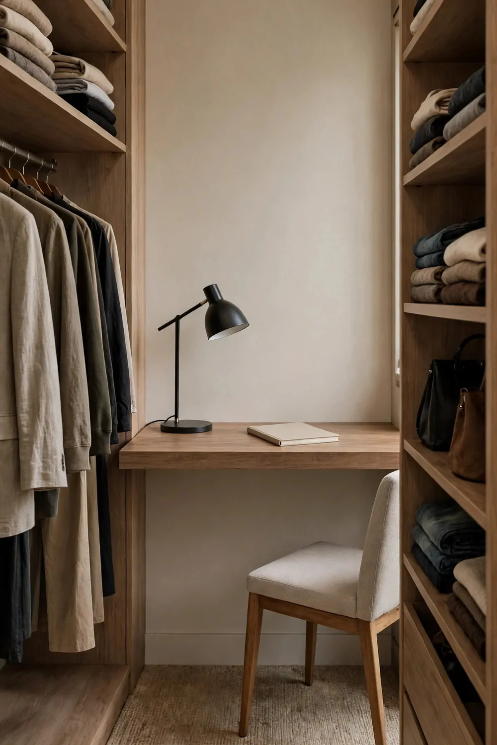 18 Closet Office Ideas Small Walk In Setups That Actually Fit 2 A wall-mounted floating wood desk with no legs and open floor below, a black desk lamp on the left and a closed plain notebook in the centre, a light upholstered chair tucked partly under the desk at the right, hanging clothes on the left and shelves of folded clothes and handbags on the right, over a woven rug.