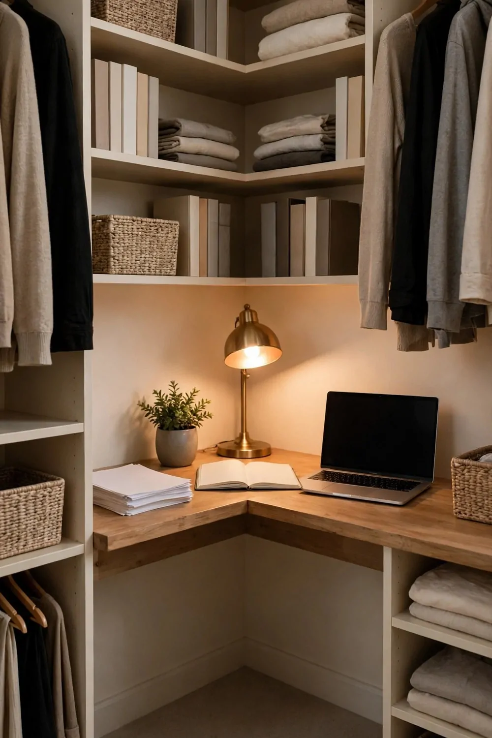 18 Closet Office Ideas Small Walk In Setups That Actually Fit 3 An L-shaped light wood corner desk fitted into the deep corner of a walk-in closet, with a glowing brass lamp in the corner, a small potted plant, a stack of blank papers and an open blank notebook on the left side, and a laptop with a blank dark screen on the right; corner shelves above hold plain blank-spined books, folded clothes and wicker baskets, with hanging clothes on both sides.