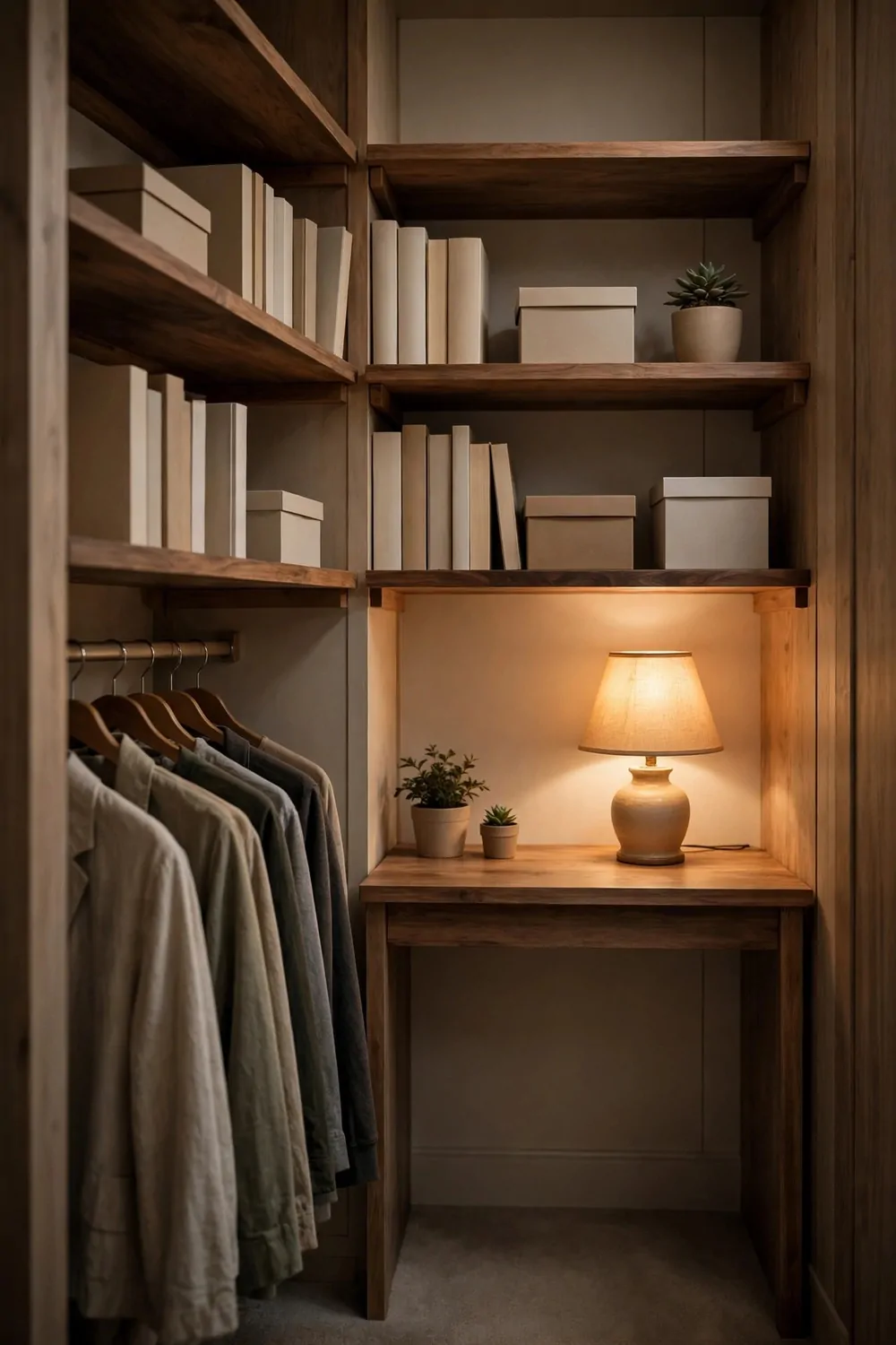 18 Closet Office Ideas Small Walk In Setups That Actually Fit 4 Wooden open shelves above a wooden desk inside a walk-in closet, holding plain books with blank cream spines, plain lidded storage boxes, and a potted succulent on the top shelf; a lit ceramic table lamp and two small potted plants sit on the desk below, with hanging clothes on wooden hangers in the left foreground.