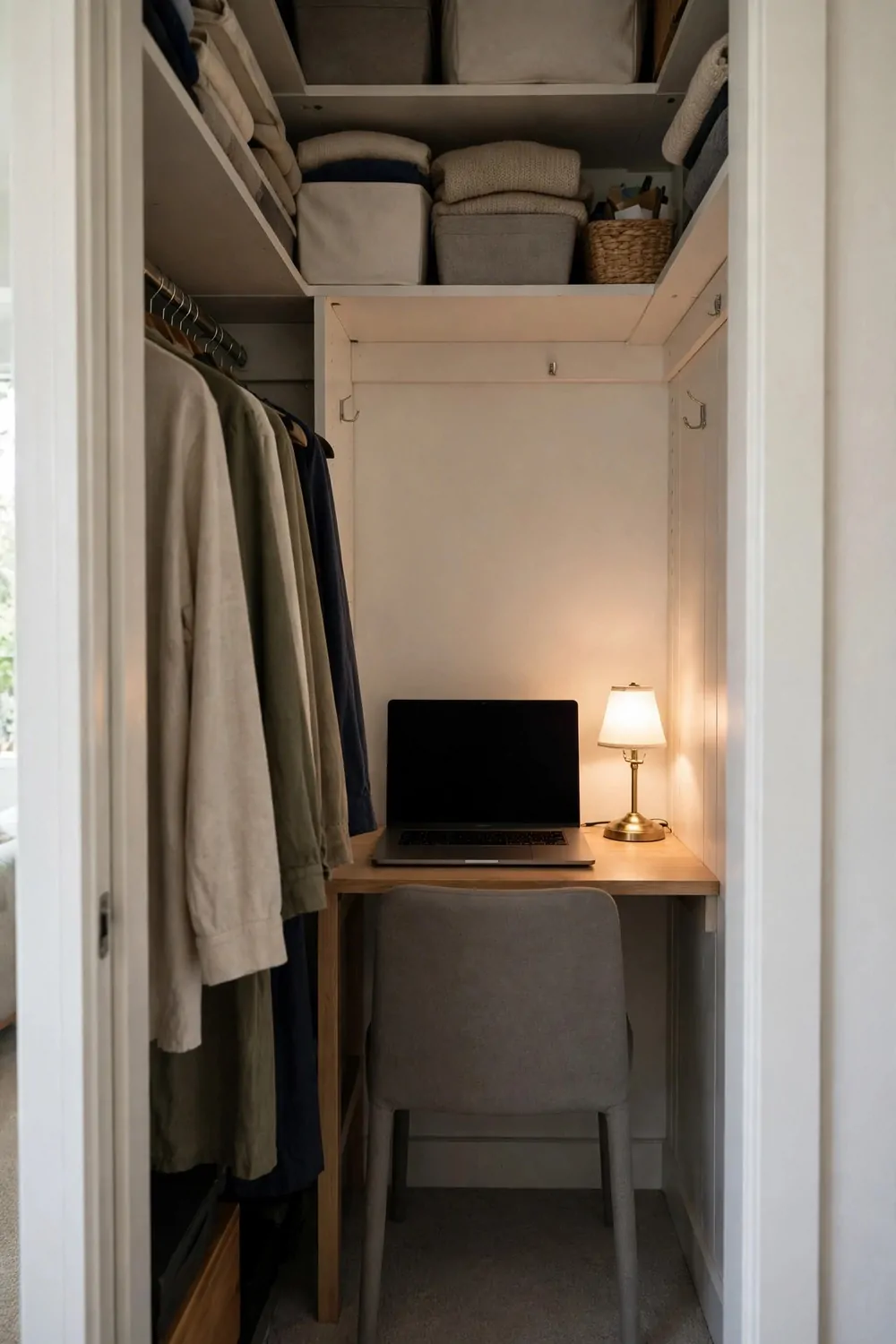18 Closet Office Ideas Small Walk In Setups That Actually Fit 5 A narrow white closet with a slim light-wood desk fitted wall to wall, an open laptop with a blank black screen, a small lit brass table lamp, and a grey fabric chair tucked in facing the desk; overhead shelves hold folded knitwear, fabric storage boxes and a wicker basket, with hanging clothes on the left.