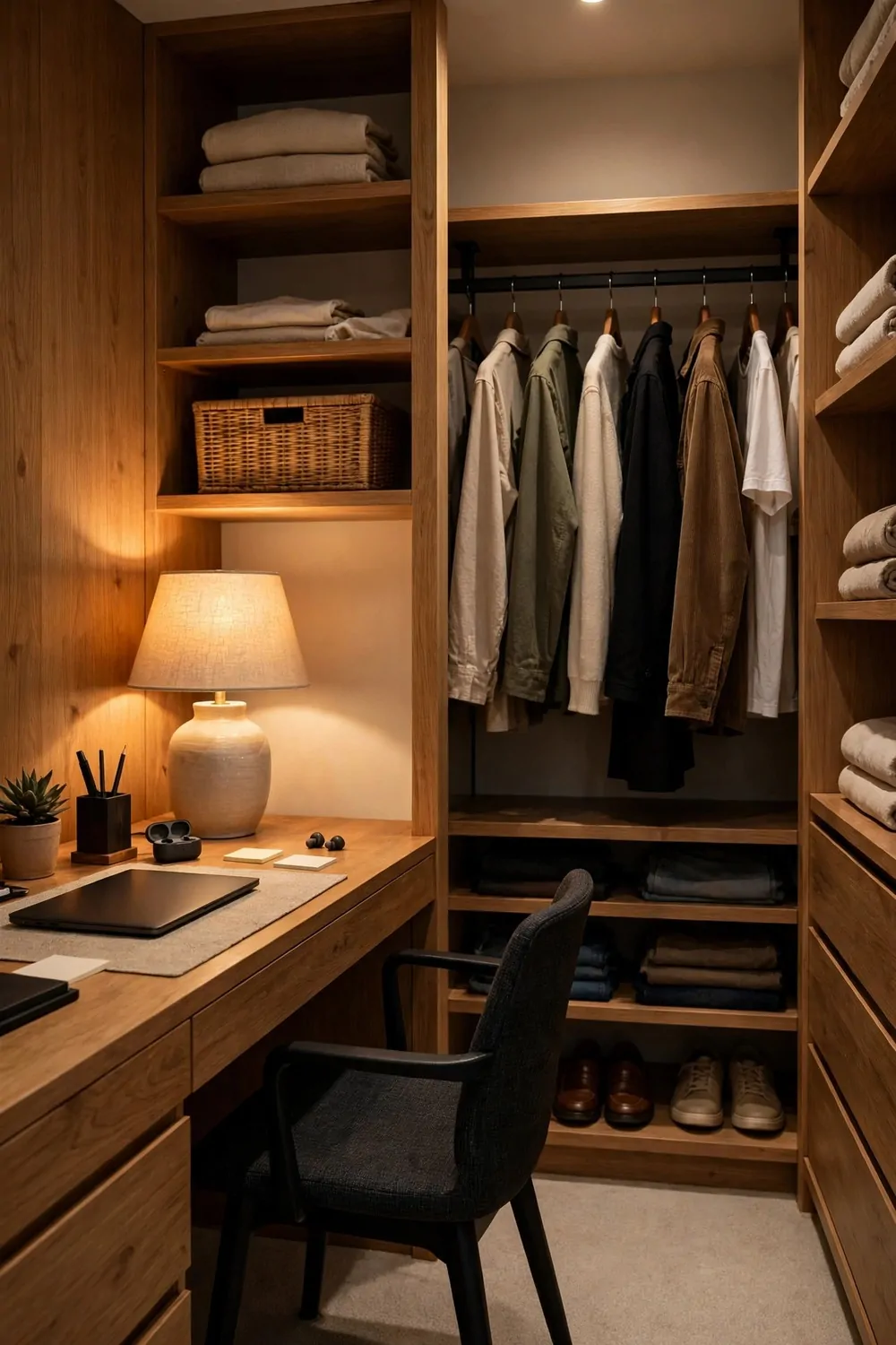 18 Closet Office Ideas Small Walk In Setups That Actually Fit 6 A walk-in closet split in two: a wooden desk workspace on the left with a closed laptop, a lit ceramic table lamp, a pen holder, a small succulent and a dark upholstered chair; on the right, a hanging rail with plain shirts and jackets in cream, green, black, brown and white, with shelves of folded clothes and shoes below.