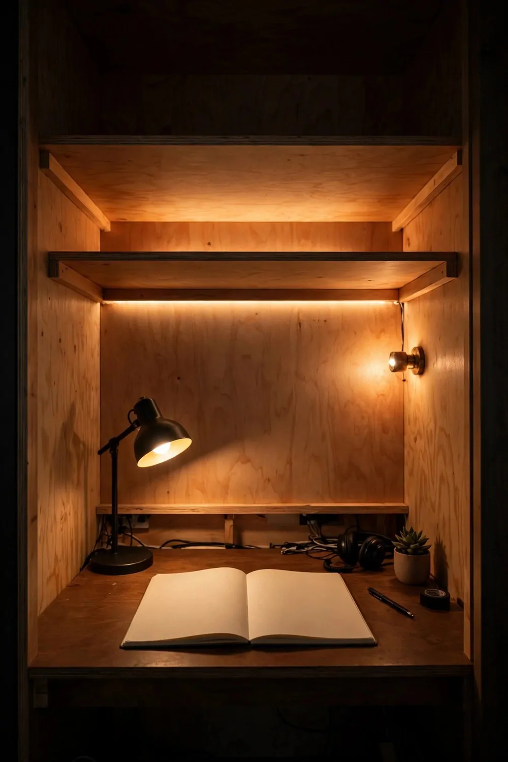 18 Closet Office Ideas Small Walk In Setups That Actually Fit 7 A windowless plywood closet office glowing with warm layered light: a bright LED strip under an empty upper shelf, a small brass wall light on the right wall, and a black desk lamp shining over an open notebook with blank pages on a wooden desk, with a pen, black headphones and a small potted succulent beside it.