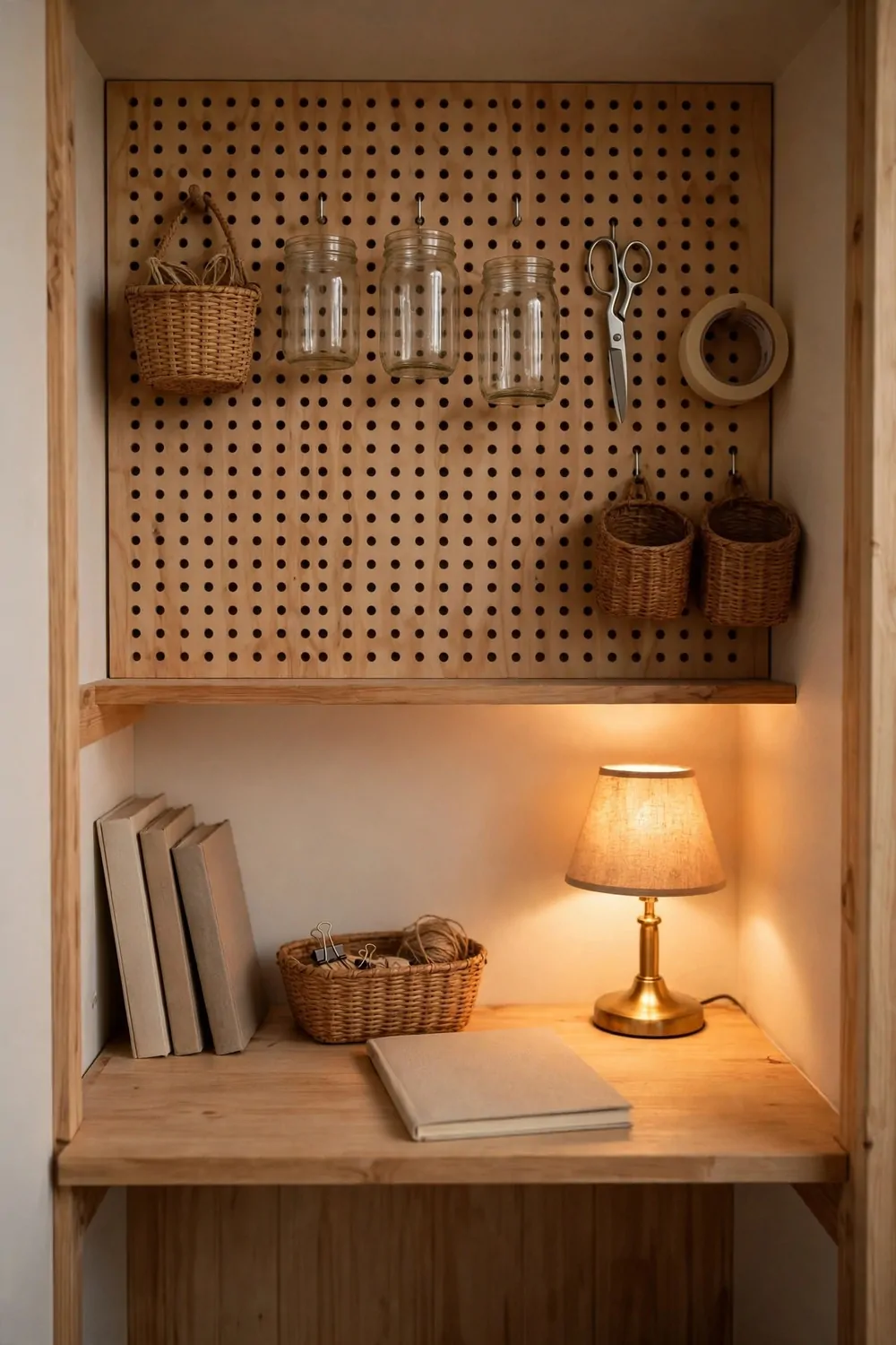 18 Closet Office Ideas Small Walk In Setups That Actually Fit 8 A light wooden pegboard wall filling the upper half of a small closet nook, holding three empty clear glass jars on hooks, a pair of silver scissors, a roll of plain tape, and three small woven wicker baskets; below, a light wooden desk with three plain blank-spined books, a wicker basket of twine and binder clips, a closed blank beige notebook, and a lit brass table lamp.