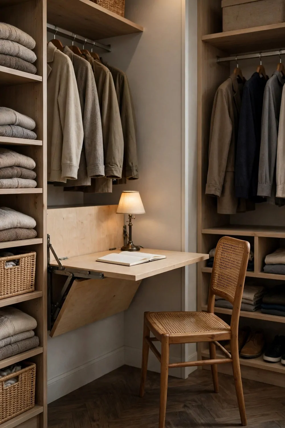 18 Closet Office Ideas Small Walk In Setups That Actually Fit 9 A light wooden fold-down wall-mounted desk in a walk-in closet, shown fully folded down with its metal folding brackets and angled underside support panel visible, an open blank notebook and a small lit table lamp on top, with a wooden cane chair beside it and hanging clothes and shelves of folded sweaters and wicker baskets on both sides.