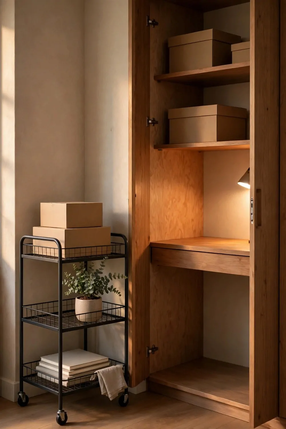 18 Closet Office Ideas Small Walk In Setups That Actually Fit 10 A black three-tier wire rolling cart on casters holding two stacked plain tan cardboard boxes on the top shelf, a potted eucalyptus plant on the middle shelf, and a stack of blank notebooks with a draped beige cloth on the bottom shelf, beside an open wooden closet desk unit with plain tan storage boxes on its upper shelves.