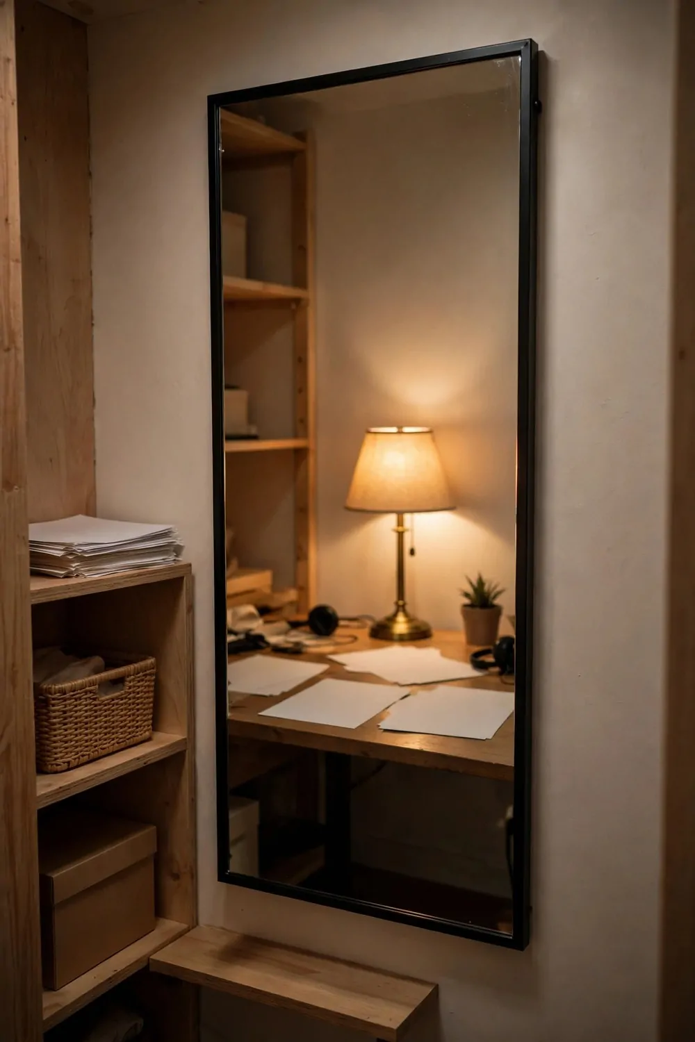 18 Closet Office Ideas Small Walk In Setups That Actually Fit 11 A tall rectangular mirror with a thin black frame mounted on a pale wall, reflecting a wooden desk with blank white papers, a lit brass table lamp, a small potted plant, and wooden shelving; beside the mirror are real wooden shelves holding blank white papers, a wicker basket, and a plain tan box above a small wooden bench seat.