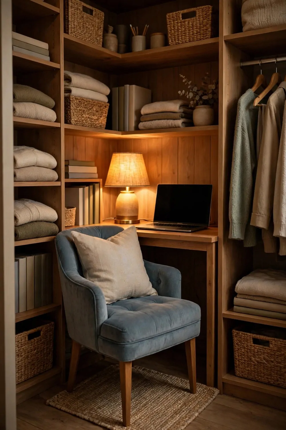 18 Closet Office Ideas Small Walk In Setups That Actually Fit 12 A dusty-blue tufted upholstered armchair with wooden legs and a large cream linen cushion, tucked at a light wood desk inside a warm wood walk-in closet, standing on a woven jute rug; on the desk sit a glowing table lamp with a woven shade and a laptop with a blank black screen; wooden shelves hold folded cream and sage blankets, woven baskets, and blank-spined books.