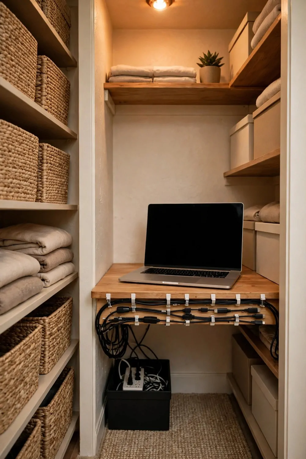 18 Closet Office Ideas Small Walk In Setups That Actually Fit 13 A laptop with a blank black screen on a light wood closet desk, with black cables run in neat rows under the desk front edge held by white clips; below, a white power strip sits inside an open black box on a woven rug, with coiled cables beside it; woven baskets and folded towels fill shelves on the left.