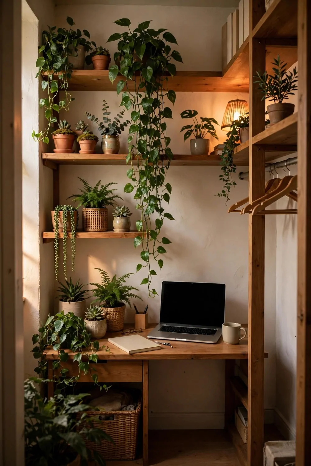 18 Closet Office Ideas Small Walk In Setups That Actually Fit 14 A wood closet desk crowded with potted plants, a long trailing pothos hanging down the centre from a top shelf, ferns, succulents in terracotta and ceramic pots, and a string-of-pearls plant, plus a laptop with a blank black screen, a blank closed notebook, a cream mug, glasses, and a pen holder on the desk, with a warm woven lamp glowing on the right.