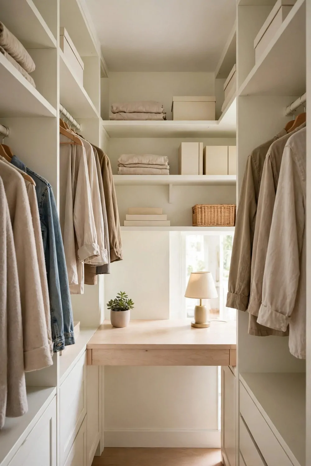 18 Closet Office Ideas Small Walk In Setups That Actually Fit 15 A bright, pale cream-white walk-in closet with a light wood desk set between white built-in shelving and hanging rails on both sides, holding folded beige linens, plain cream boxes, and a small wicker basket; a small potted succulent and a cream table lamp sit on the desk, with bright daylight from a window behind it and neutral and denim clothes hanging on wooden hangers.