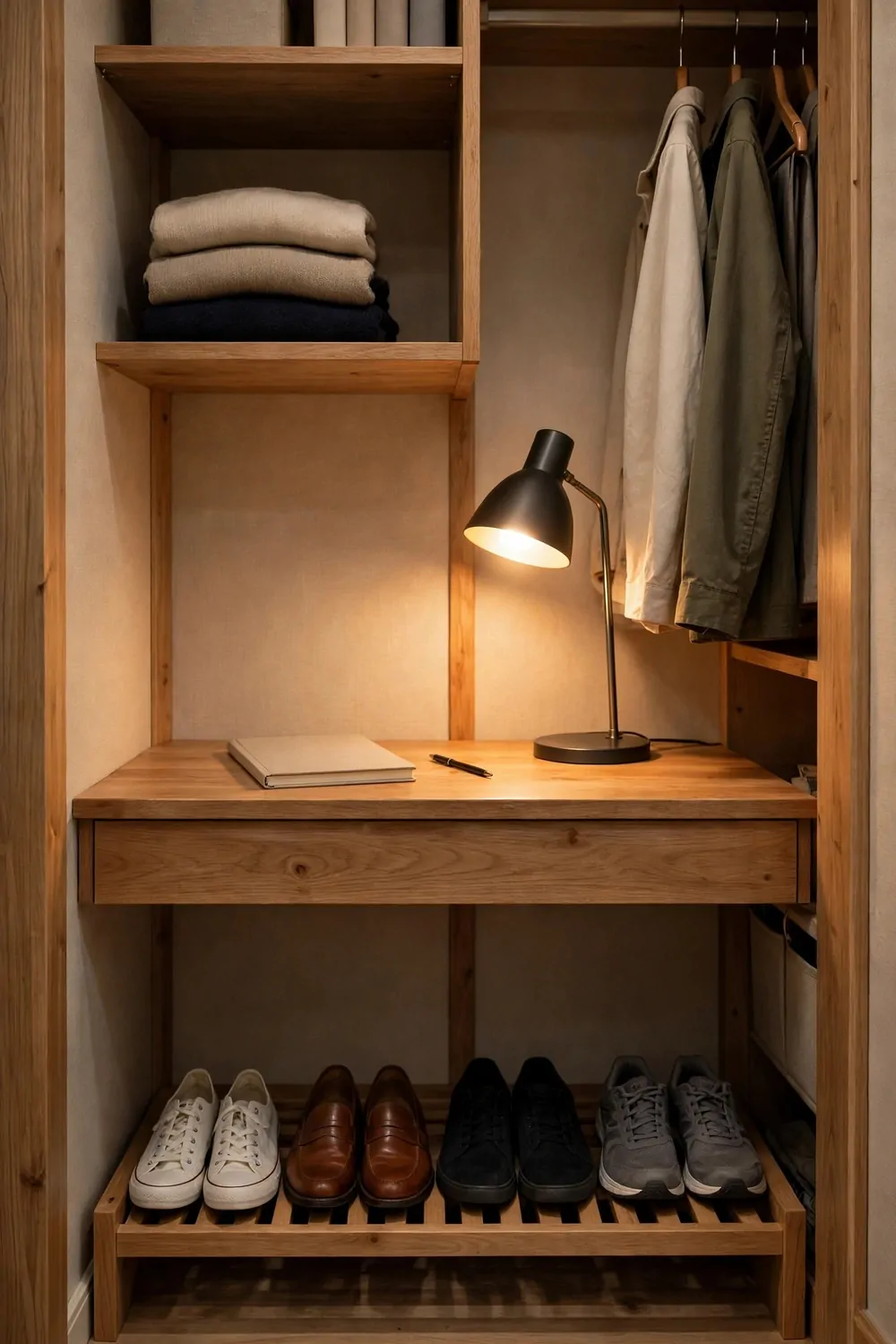 18 Closet Office Ideas Small Walk In Setups That Actually Fit 16 A wooden closet desk with a lit black desk lamp, a closed blank notebook and a pen on top, folded cream and navy sweaters on the shelf above and cream and olive shirts hanging on a rail to the right; under the desk, four pairs of shoes sit in a neat row on a low slatted wooden rack: white lace-up sneakers, brown leather loafers, black sneakers, and grey trainers.