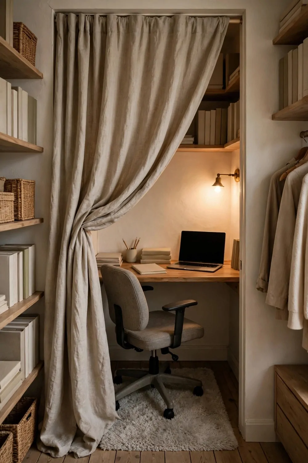 18 Closet Office Ideas Small Walk In Setups That Actually Fit 17 A long beige linen curtain tied back across a closet doorway, revealing a small wooden desk with a laptop with a blank black screen, stacked blank books, a blank notebook and a pencil cup, lit by a warm brass wall light; a grey fabric office chair on wheels stands on a small fluffy cream rug under the desk.