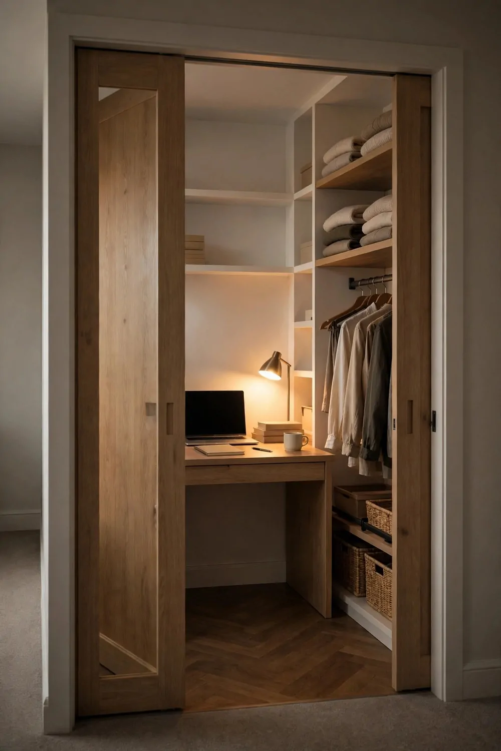 18 Closet Office Ideas Small Walk In Setups That Actually Fit 18 A walk-in closet office seen from the doorway through half-open light-wood sliding doors, with a tidy wooden desk inside holding a laptop with a blank black screen, a glowing brass desk lamp, stacked blank books, a blank notebook, a pen and a white mug; shirts hang on a clothes rail above wicker baskets to the right, with folded blankets on shelves above.
