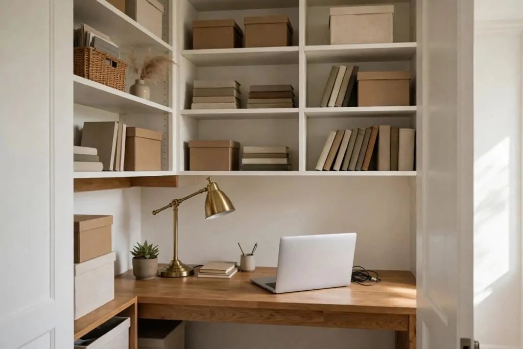 A tidy closet office with a wooden desk, laptop and brass lamp inside a bright closet, shelves above with books and boxes