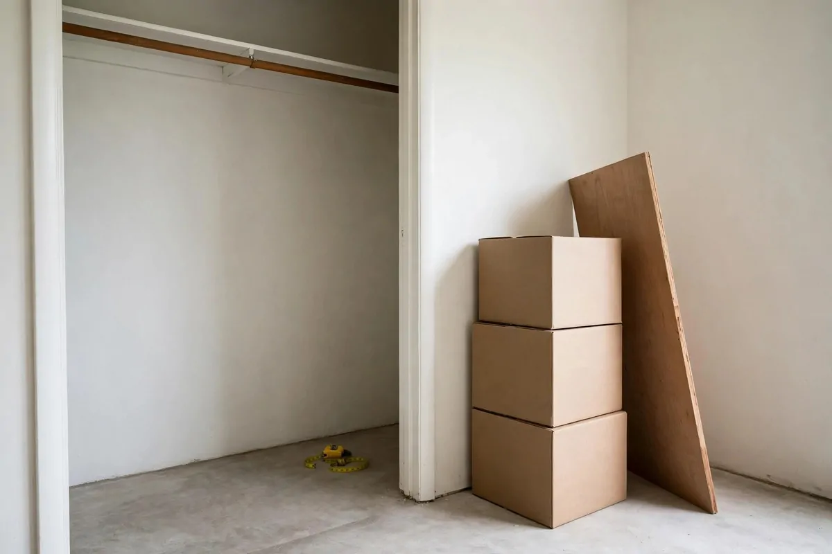 18 Closet Turned Office Makeovers That Look Unbelievable 1 An empty closet with a tape measure on the floor, boxes stacked beside it and a wooden desk board leaning against the wall
