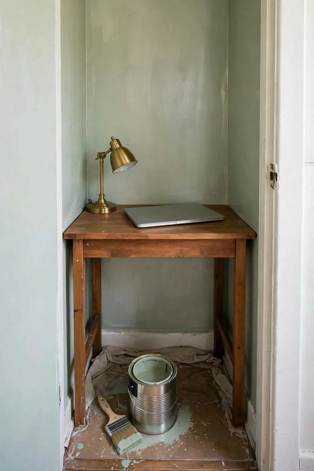 18 Closet Turned Office Makeovers That Look Unbelievable 2 A freshly painted pale sage closet interior with a wooden desk, laptop and small lamp, paint tin and brush on the floor
