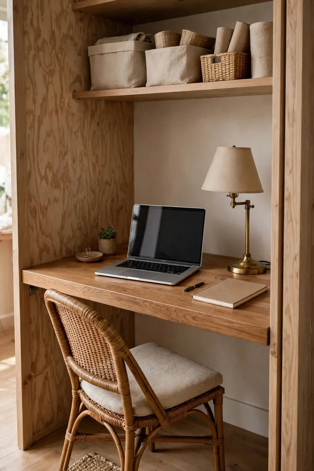 18 Closet Turned Office Makeovers That Look Unbelievable 3 A fitted wooden desk board across a closet with a laptop, lamp and notebook, a woven chair tucked underneath
