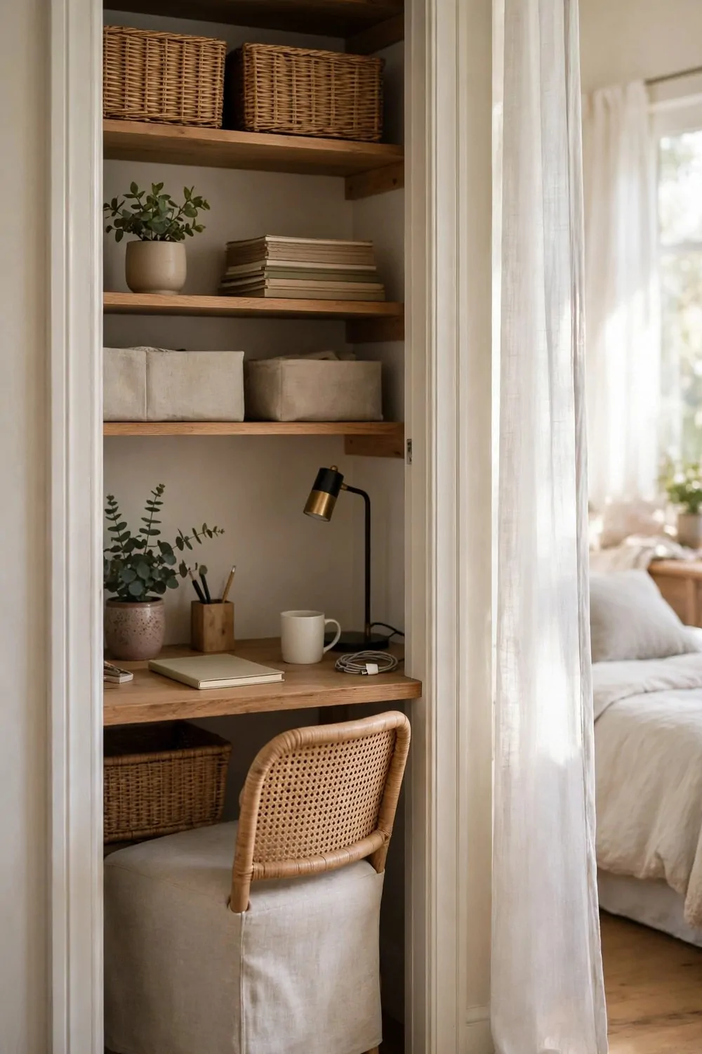 18 Closet Turned Office Makeovers That Look Unbelievable 4 An open closet office with the doors removed, a desk and shelves inside, light from the bedroom window