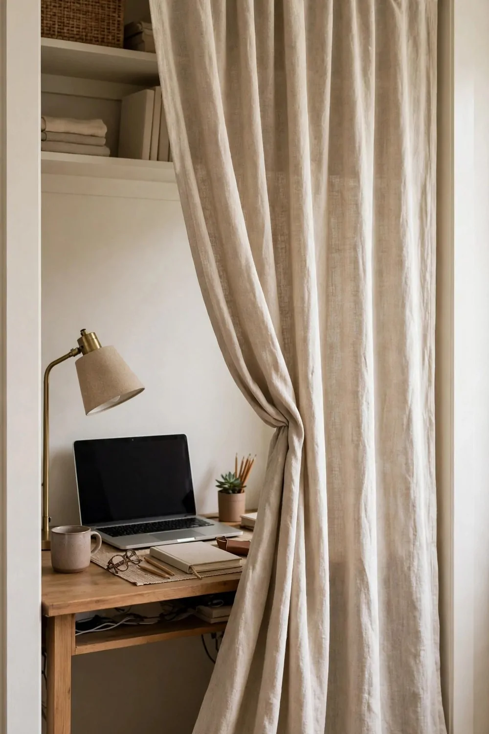18 Closet Turned Office Makeovers That Look Unbelievable 5 A linen curtain half drawn across a closet office, a desk with a laptop and lamp on one side