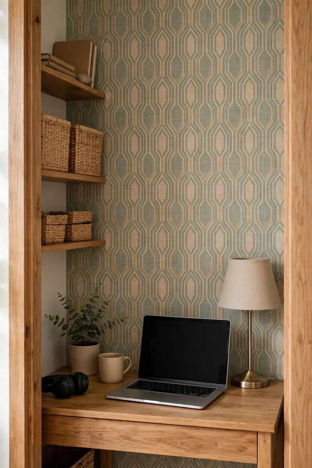18 Closet Turned Office Makeovers That Look Unbelievable 6 A closet office with a patterned accent wall behind the desk, laptop, lamp and small plant