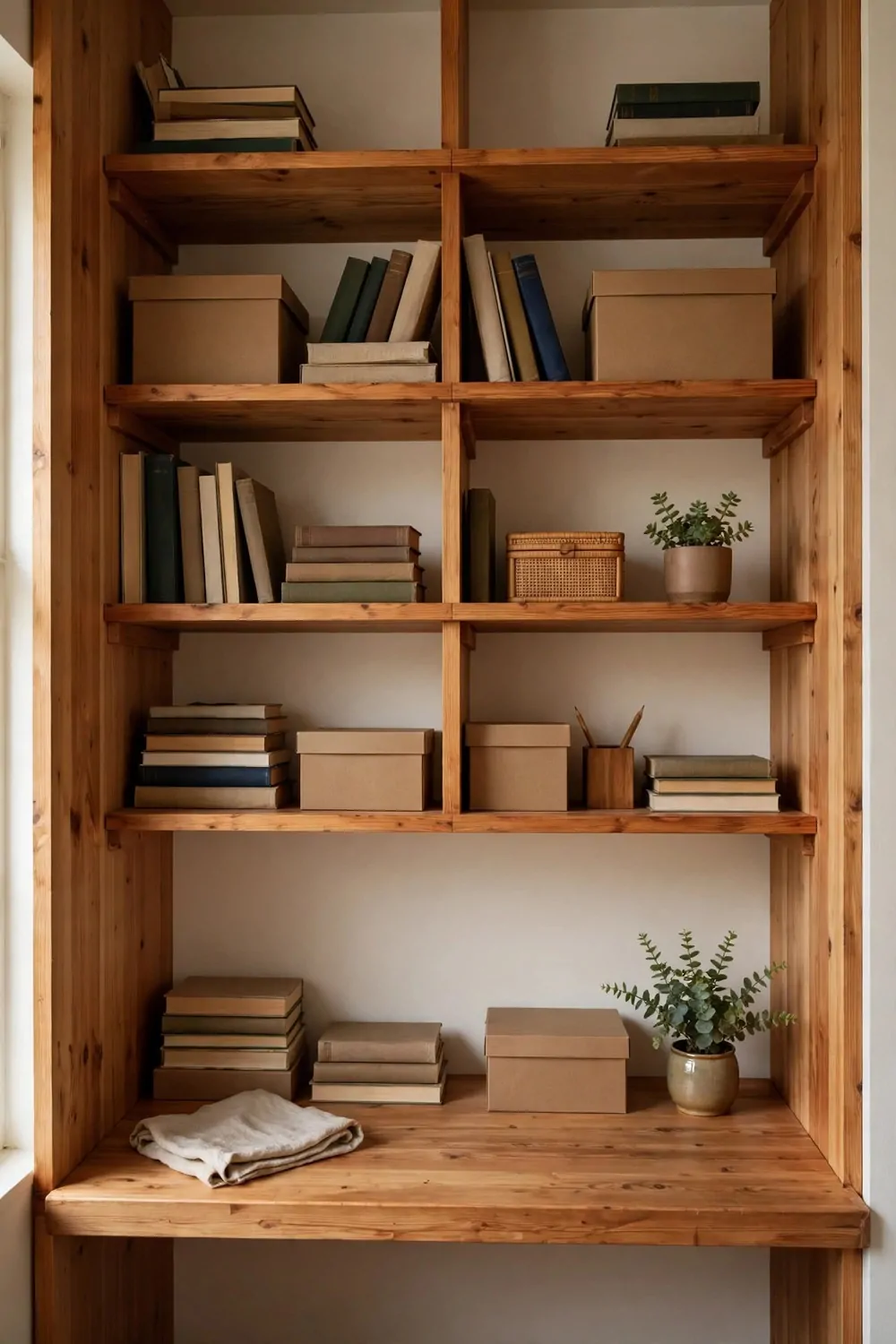 18 Closet Turned Office Makeovers That Look Unbelievable 7 A wall of wooden shelves above a closet desk holding books, boxes and a small plant