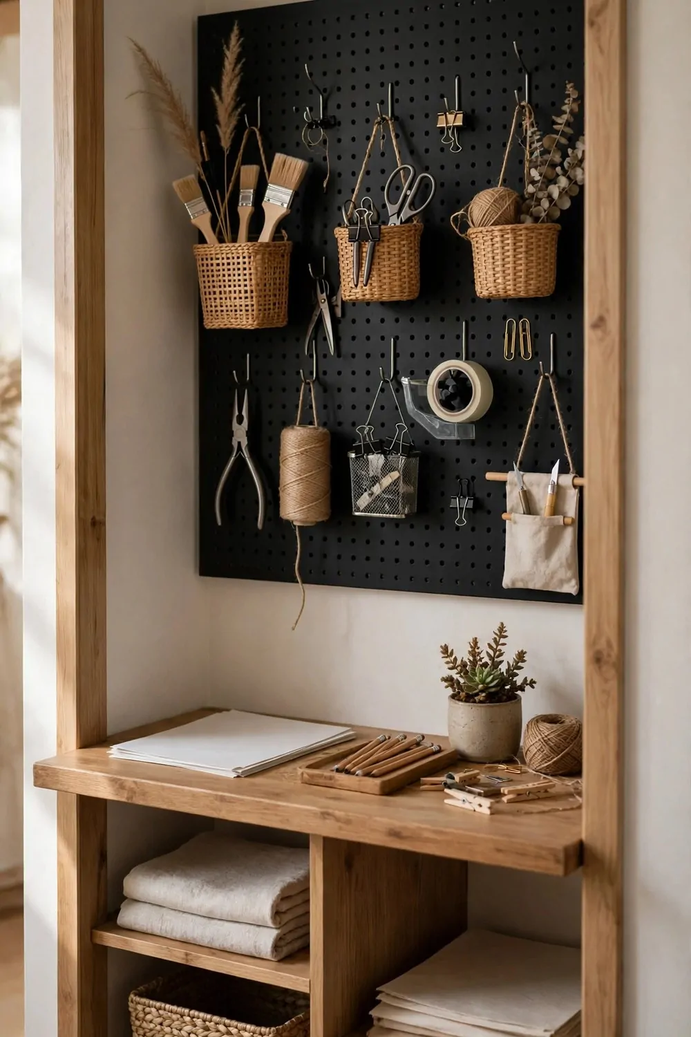 18 Closet Turned Office Makeovers That Look Unbelievable 8 A pegboard wall above a closet desk with hooks, small baskets and hanging supplies
