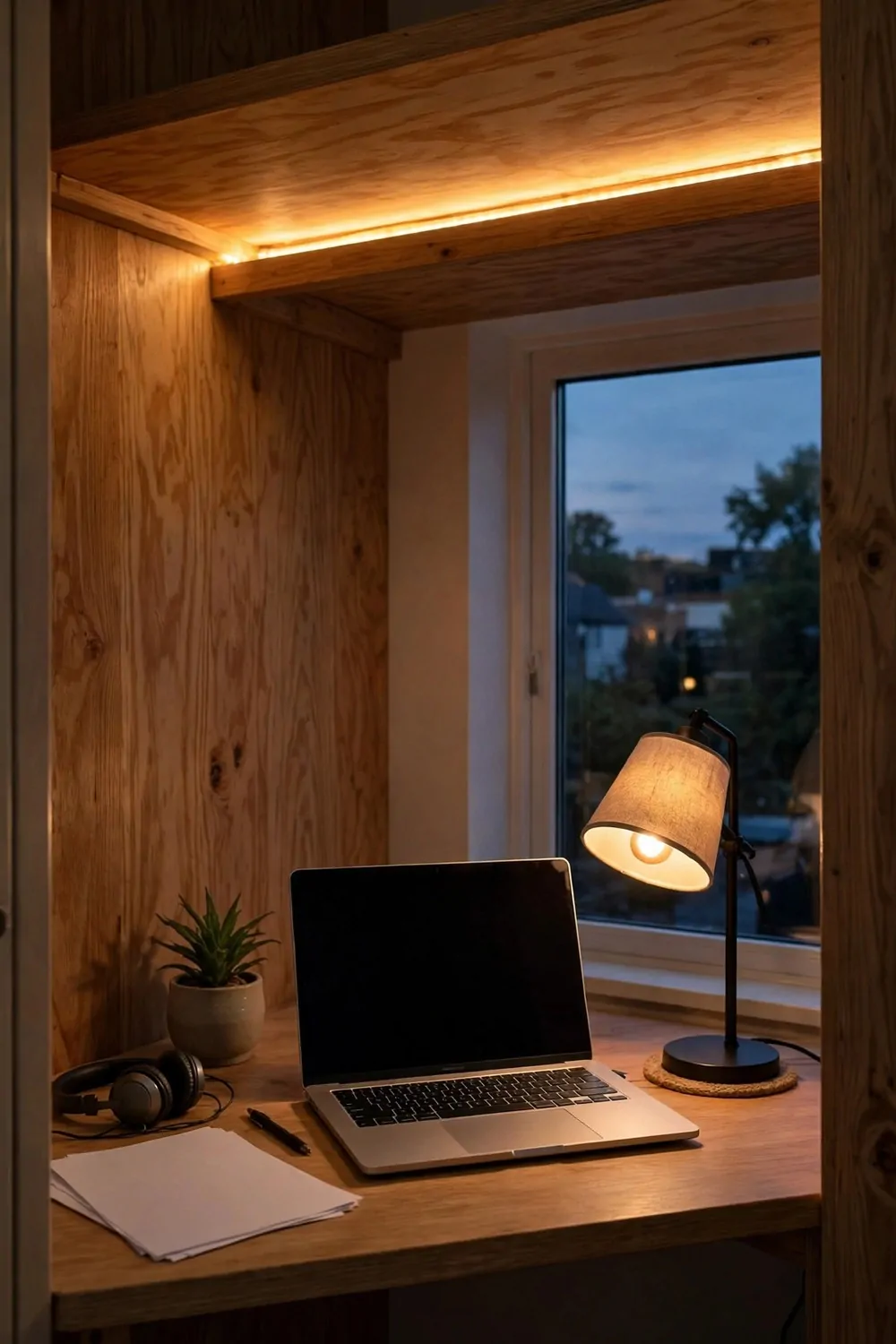18 Closet Turned Office Makeovers That Look Unbelievable 9 An LED strip glowing warm under a shelf above a closet desk at dusk, laptop and lamp below