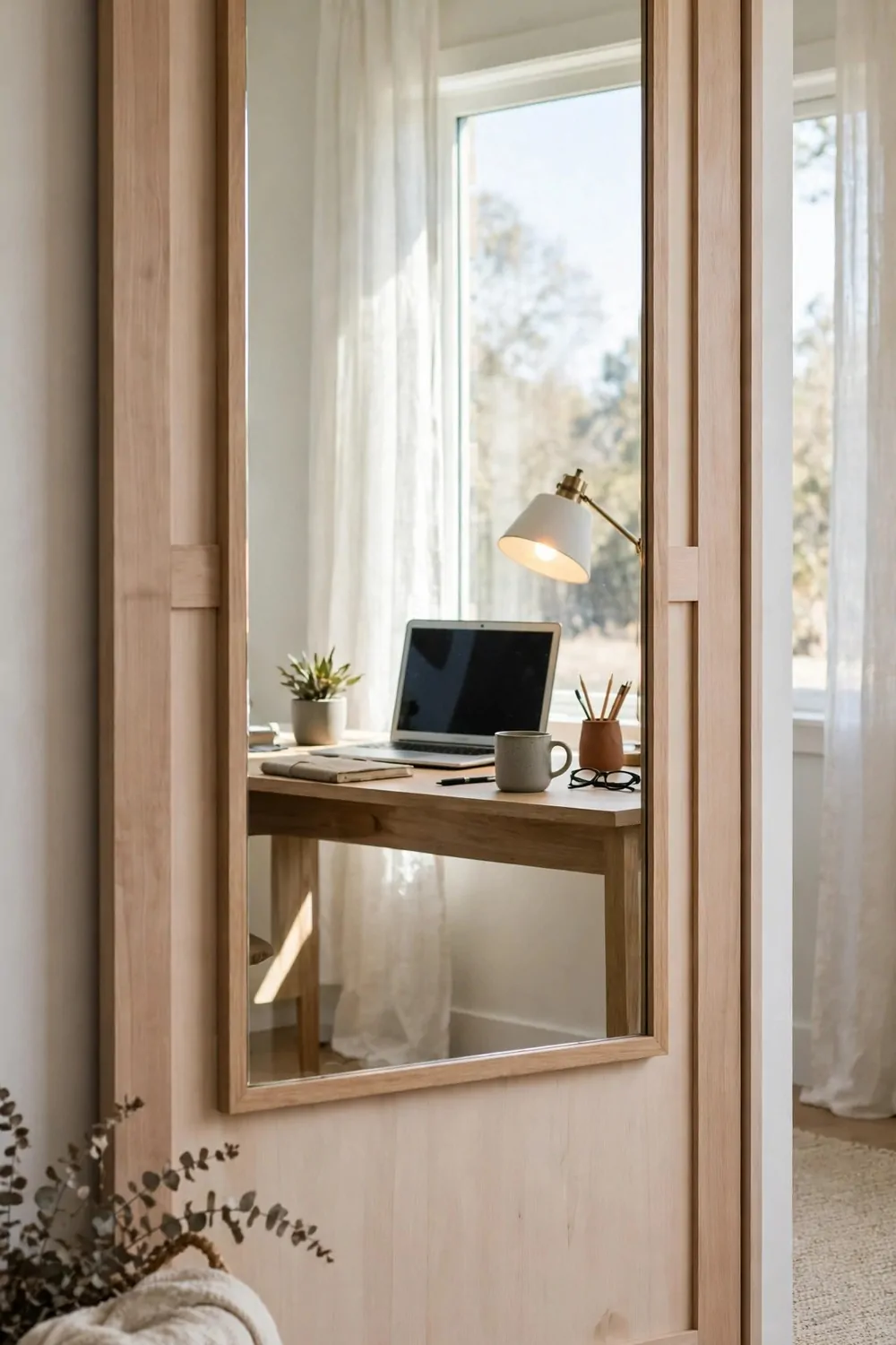 18 Closet Turned Office Makeovers That Look Unbelievable 10 A mirror on a closet door reflecting a bright desk with a laptop, lamp and window light