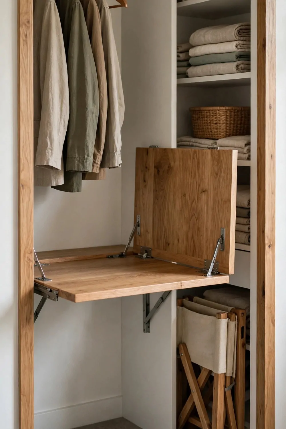 18 Closet Turned Office Makeovers That Look Unbelievable 11 A fold-down wooden desk half open inside a closet nook, with a folding stool tucked beside it