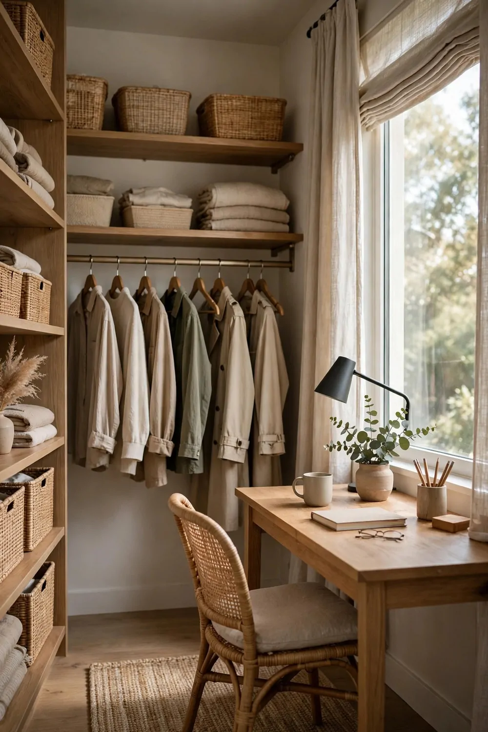 18 Closet Turned Office Makeovers That Look Unbelievable 12 A walk-in closet office with a desk by a window, clothes rail behind, neutral calm tones