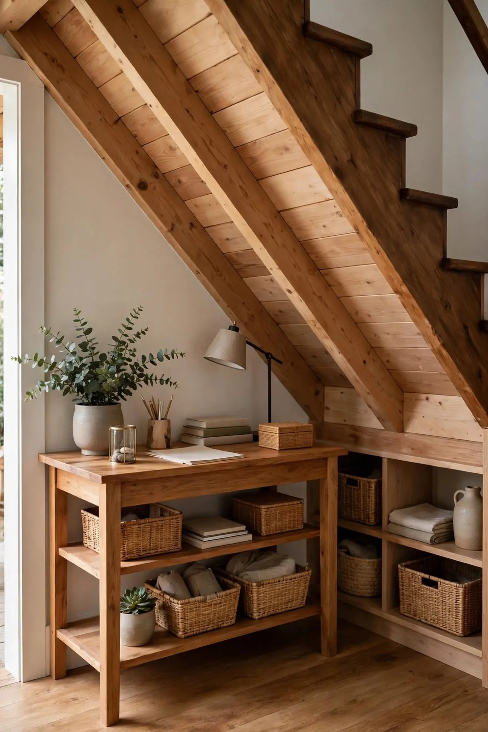 18 Closet Turned Office Makeovers That Look Unbelievable 13 An under-stairs office nook with a sloped ceiling, wooden desk and low shelves