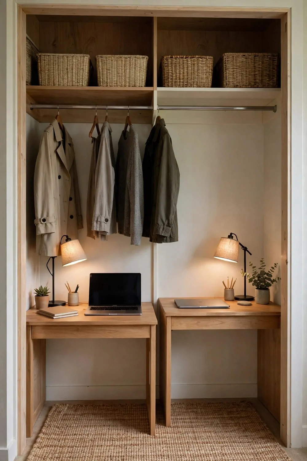 18 Closet Turned Office Makeovers That Look Unbelievable 14 Two small desks side by side inside a wide closet, each with a laptop and lamp