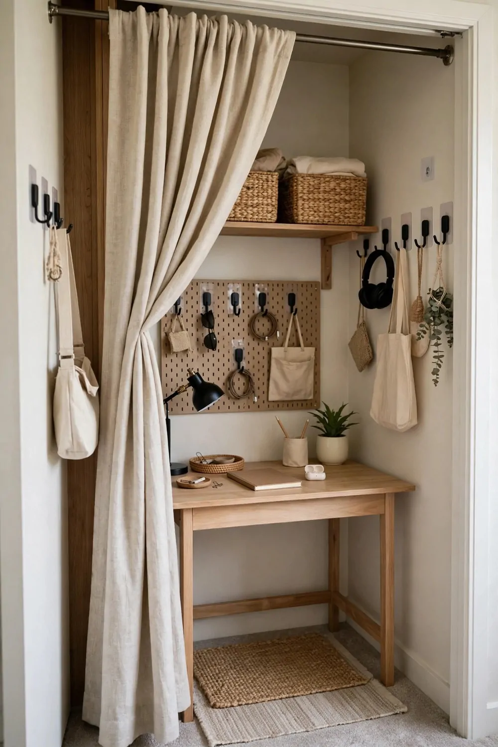18 Closet Turned Office Makeovers That Look Unbelievable 15 A renter-friendly closet office with a tension rod curtain, removable hooks and a freestanding desk