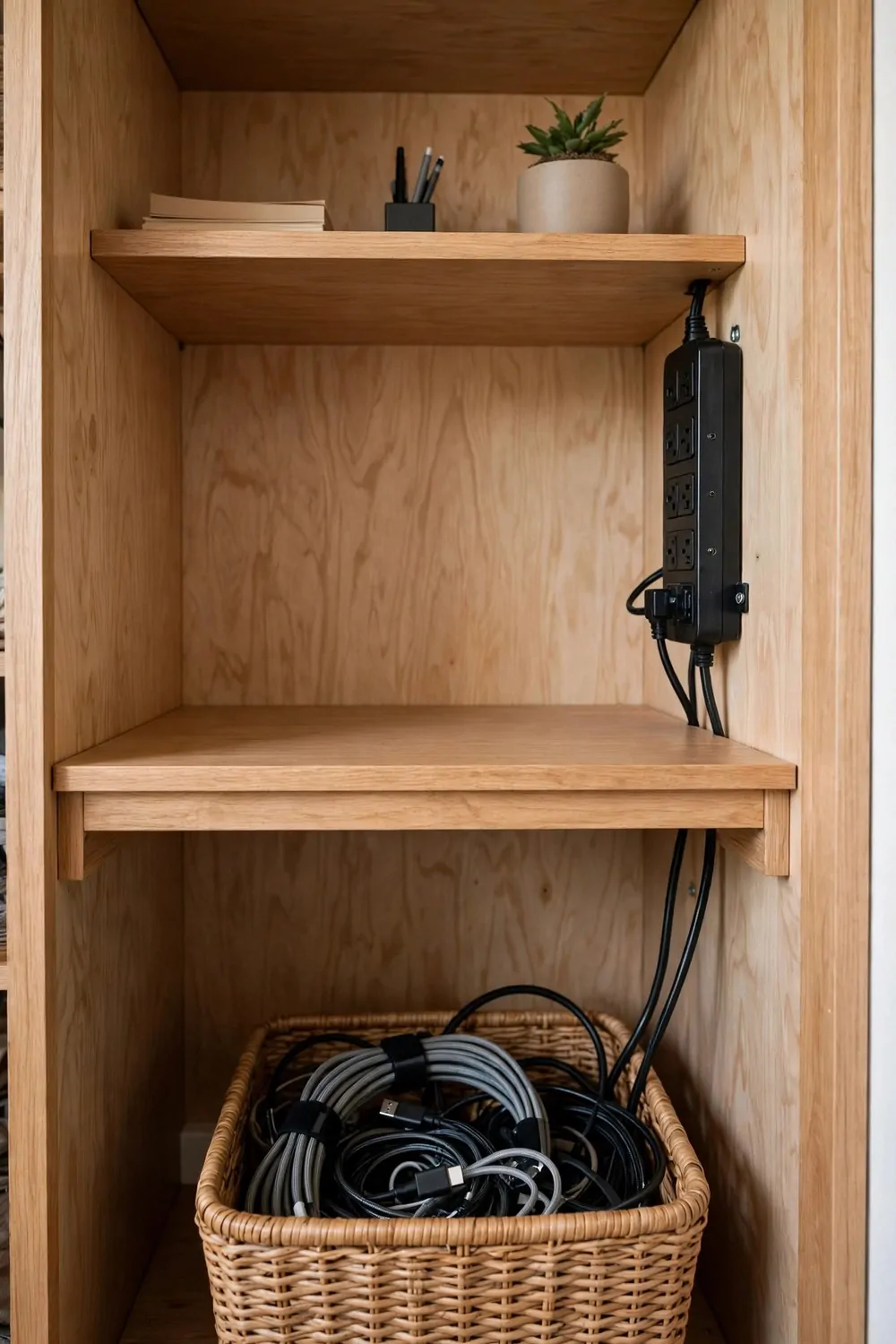 18 Closet Turned Office Makeovers That Look Unbelievable 16 Tidy cables in a woven basket under a closet desk, a power strip mounted on the wall