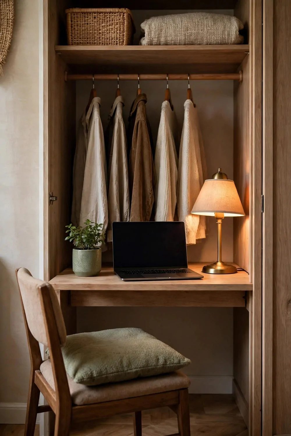 18 Closet Turned Office Makeovers That Look Unbelievable 17 A small green plant on a closet desk beside a laptop and warm lamp, a cushion on the chair