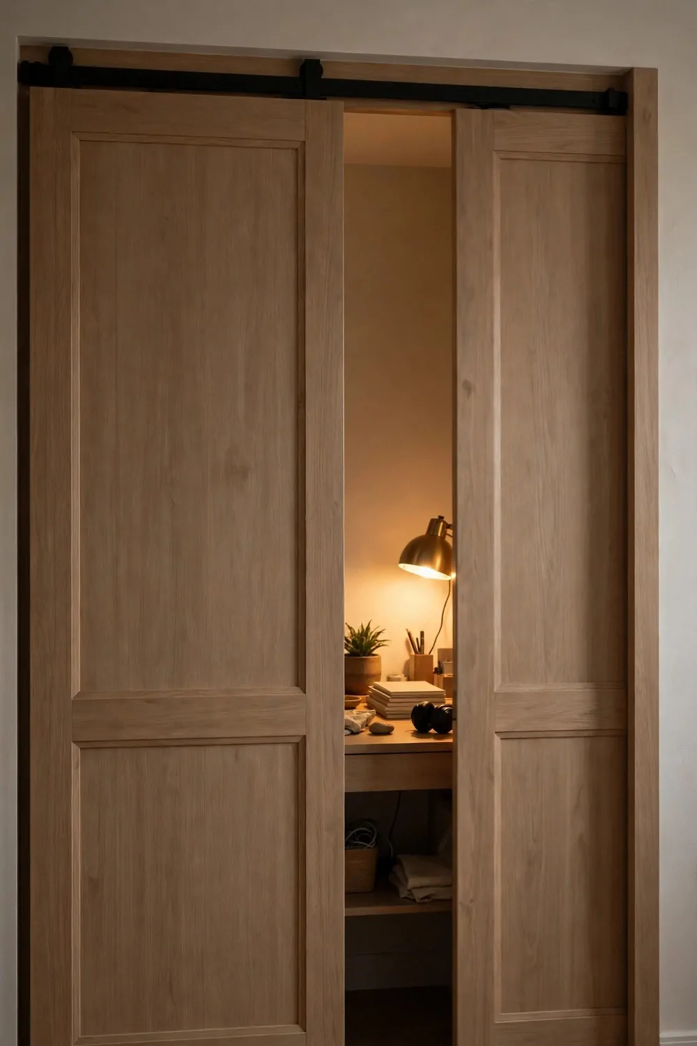 18 Closet Turned Office Makeovers That Look Unbelievable 18 Closet doors sliding shut over a tidy desk, warm lamp glow behind the gap