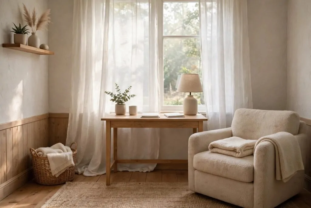 A calm cozy home office room in soft morning light, small desk by a window with sheer curtains, warm lamp off, a soft armchair with a folded blanket, wooden floor with a rug