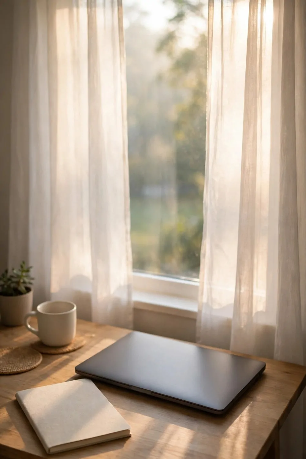 18 Cozy Office Room Ideas for Calm, Comfy Days 1 Soft morning light falling across a small home office desk by a window, sheer curtains glowing, laptop closed, notebook beside it
