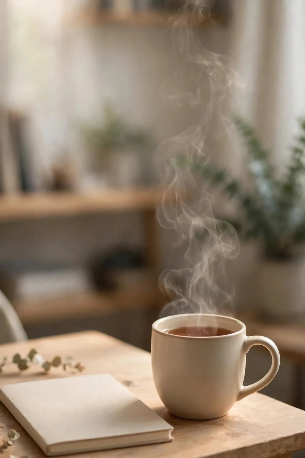18 Cozy Office Room Ideas for Calm, Comfy Days 2 A warm mug of tea on a small wooden desk in a quiet home office, steam rising, soft morning light, notebook beside the mug