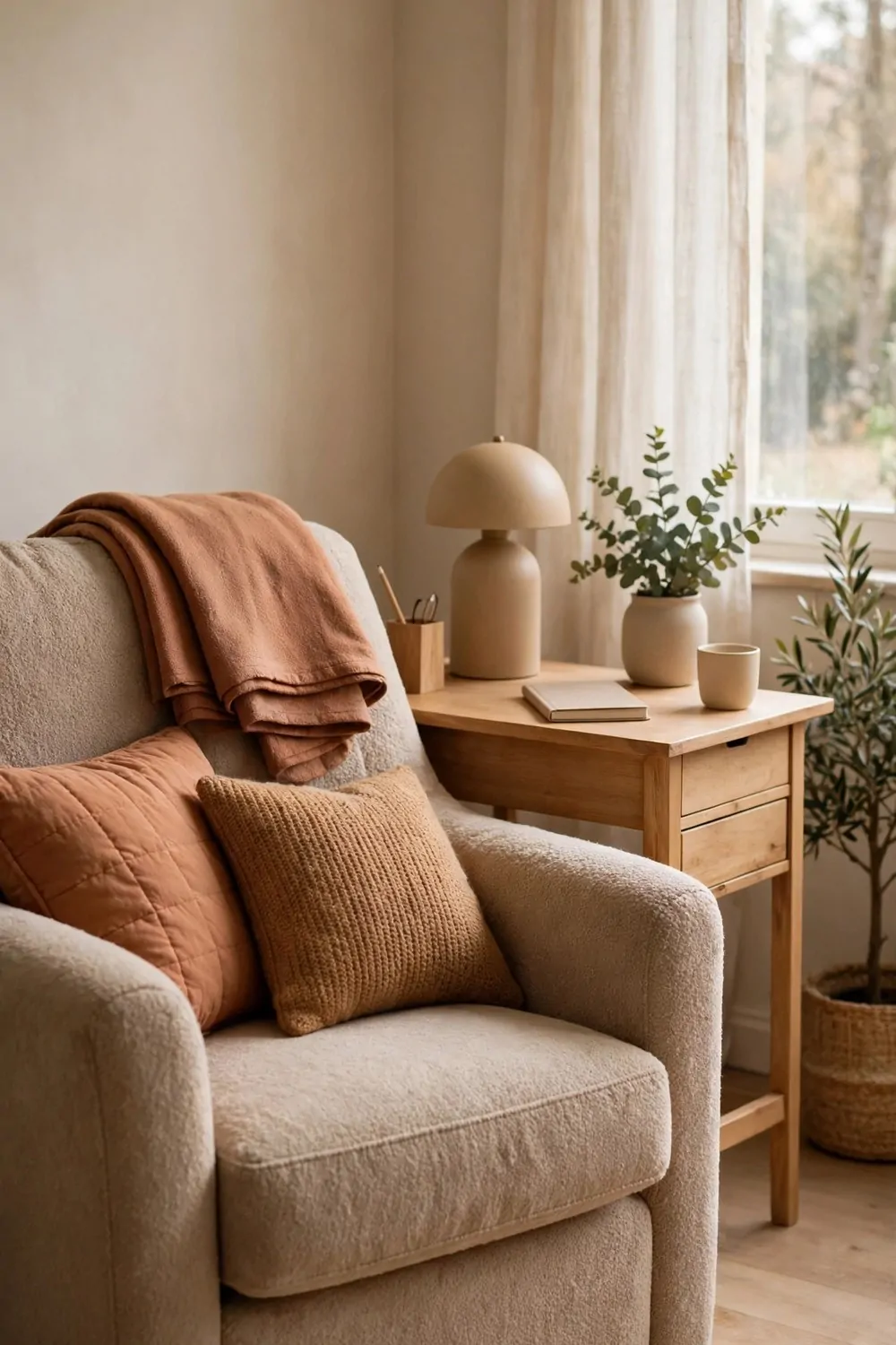 18 Cozy Office Room Ideas for Calm, Comfy Days 3 A soft deep armchair with a folded blanket draped over its back beside a small home office desk, warm cushions, calm room