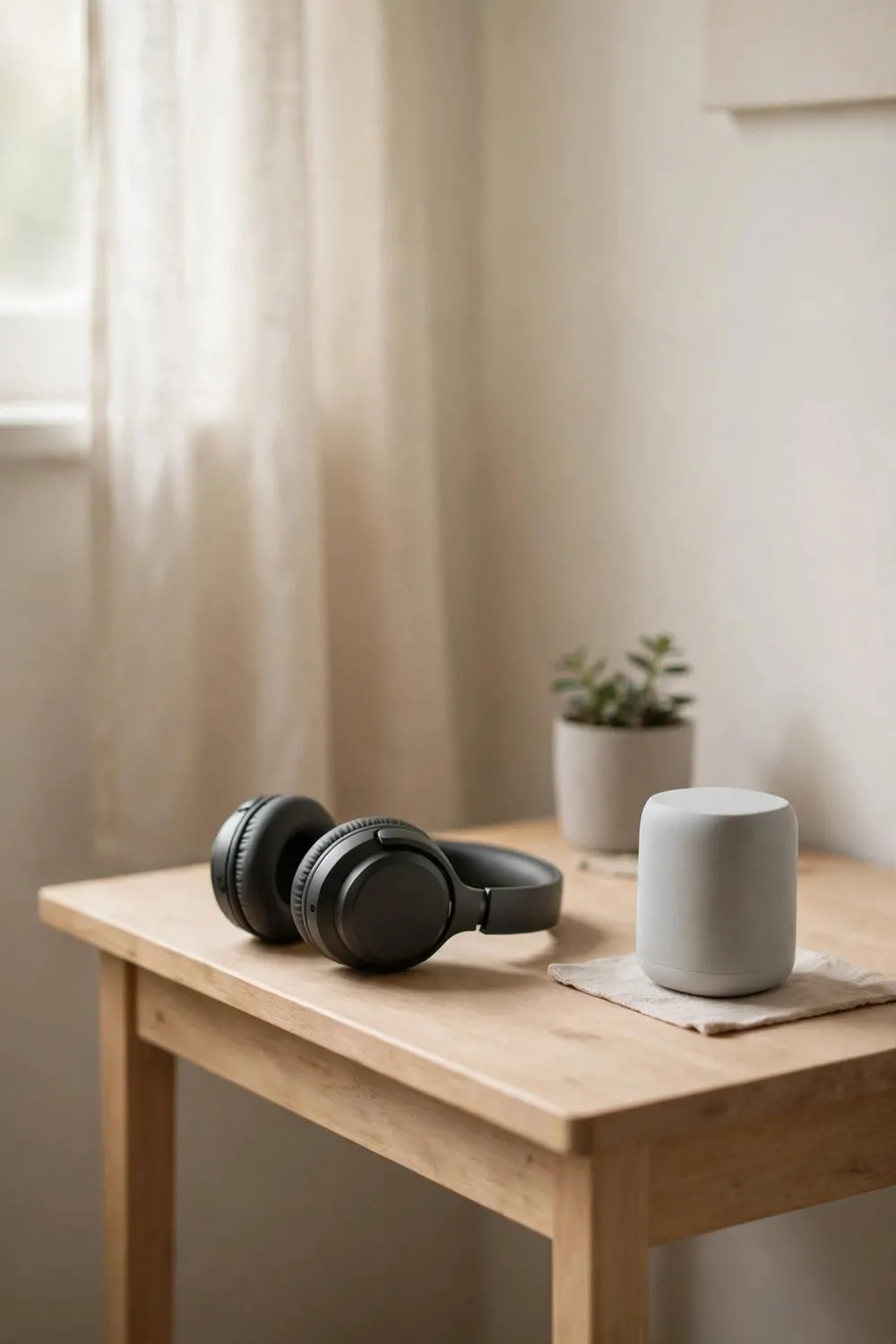 18 Cozy Office Room Ideas for Calm, Comfy Days 4 A small home office desk with a pair of headphones resting on it and a small speaker, soft light, calm quiet room