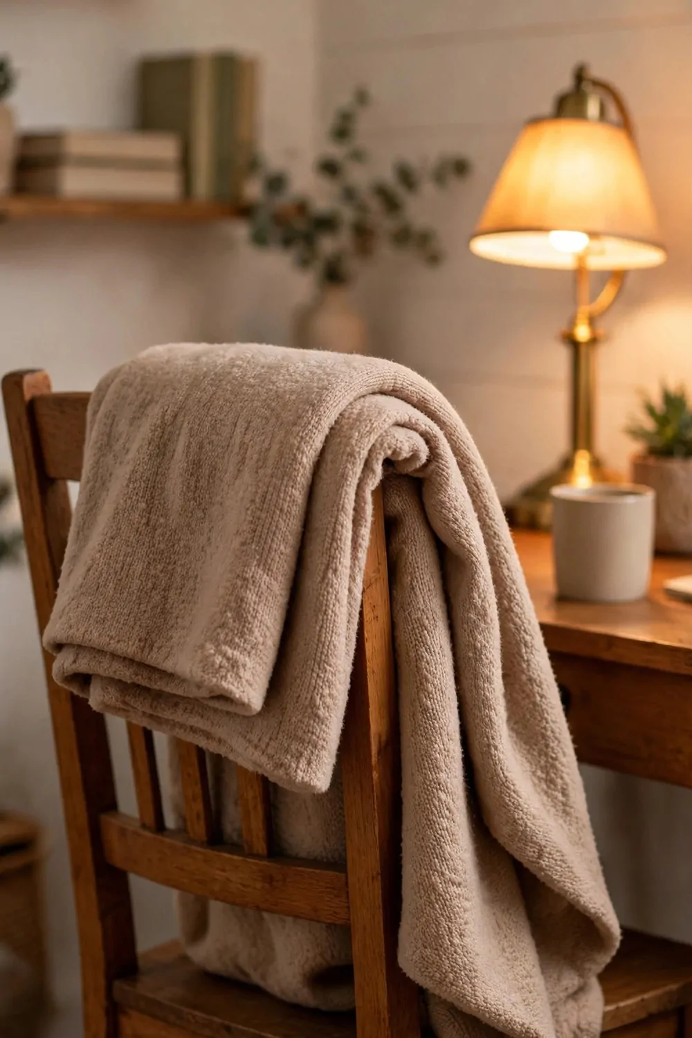 18 Cozy Office Room Ideas for Calm, Comfy Days 5 A folded soft blanket draped over the back of a wooden chair in a cozy home office, warm lamp light nearby