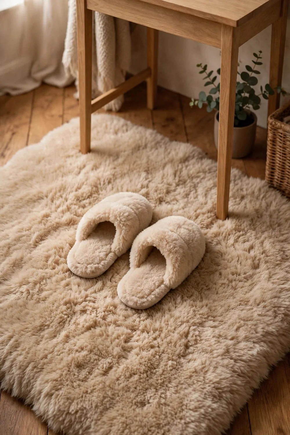 18 Cozy Office Room Ideas for Calm, Comfy Days 6 A soft warm fluffy rug under a small home office desk with a pair of fluffy slippers resting on it, wooden floor, cozy room, calm light